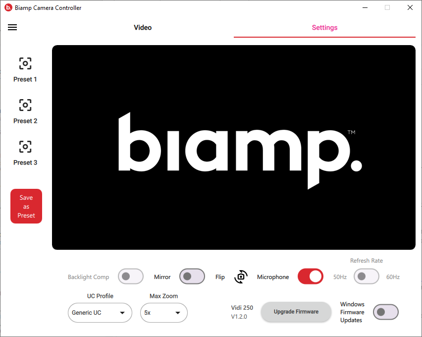 Biamp Camera Controller Settings Page