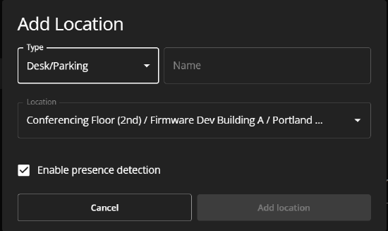 The Add locations form set to Desk/Parking