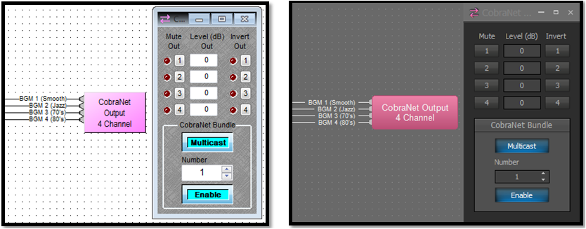 Configuring Audia (left) or Tesira (right) CobraNet output bundle.
