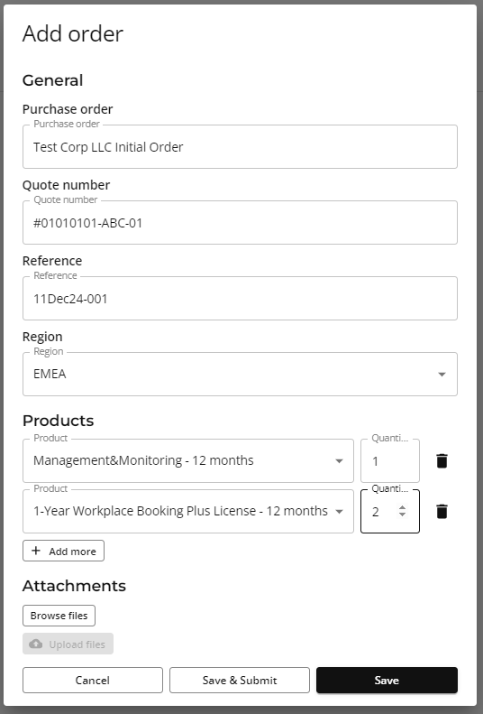 The Add Order Form populated with example information.
