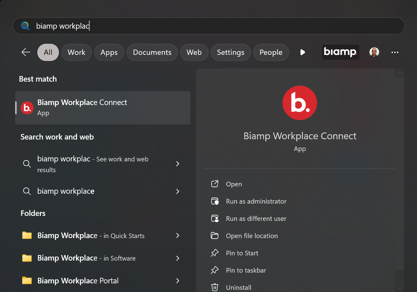Windows 11 Start panel with the Biamp Workplace Connect icon.