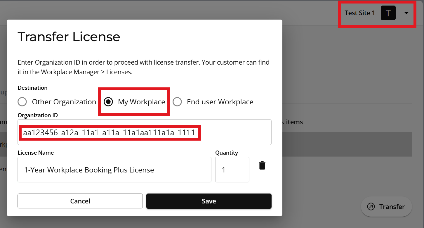 Transfer form with My Workplace selected