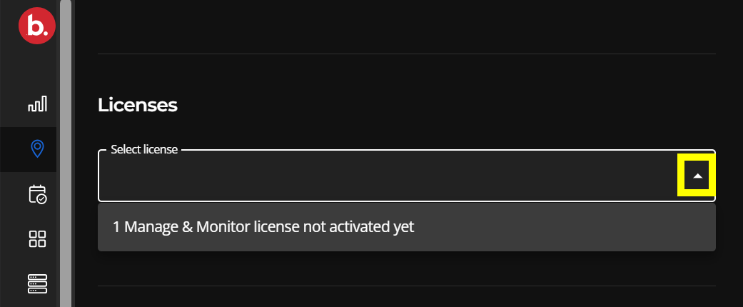 The License field drop down menu open, showing an available license.