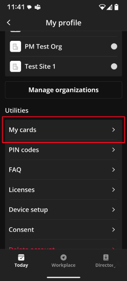 The My Cards option.