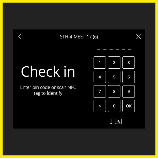 An ID-enabled Naso room booking device requiring a PIN or user NFC card to check in.
