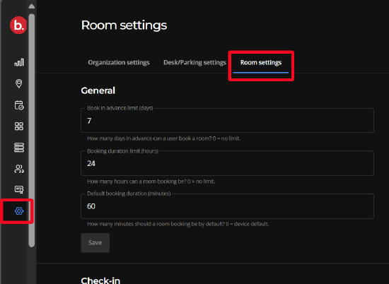 The Room Settings tab on the Biamp Workplace admin portal's Settings page.
