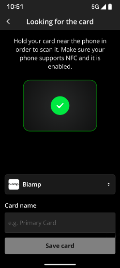Screen showing a scan success icon and the org the card is now associated with.