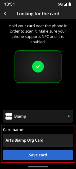 A card name entered and Save button indicating the card is ready to save.
