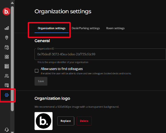 Settings page and the organization tab selected in the Biamp Workplace admin portal