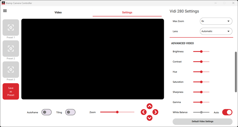 Biamp Camera Controller - Vidi 280 settings