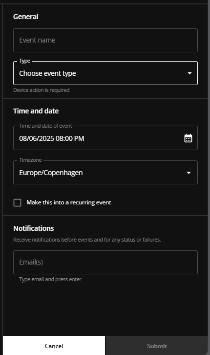 The schedule device event panel
