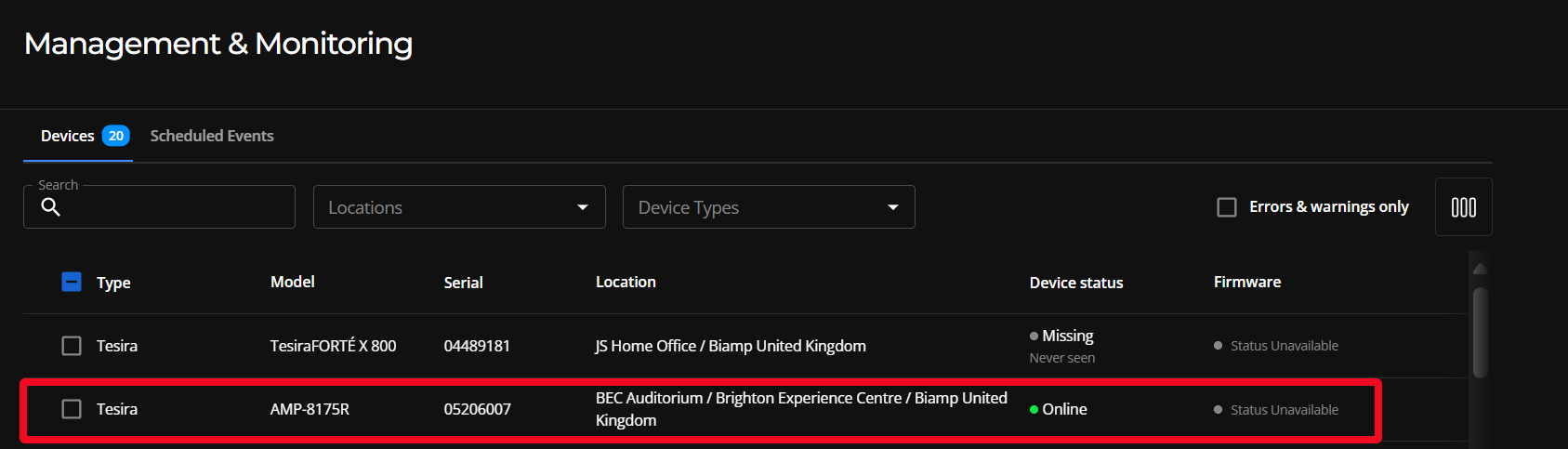 The Devices page with a device highlighted.