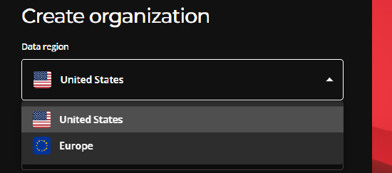 The Data Region drop down showing the United States and European Union options.