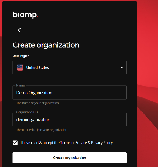 The organization information panel filled out with information for an example demo organization.