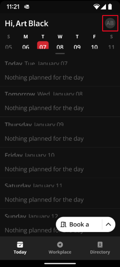The Today calendar screen with profile icon at top right. AB in this example.