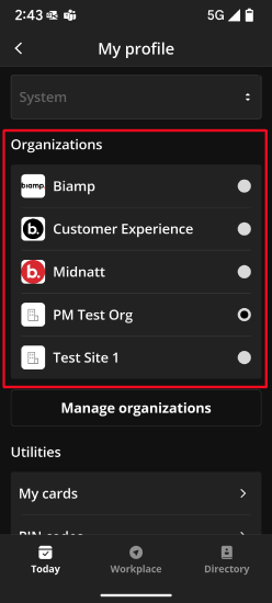 The Your organizations section of the profile screen.