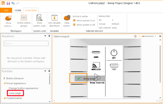 The Jump page function dragged from the Functions pane and in position above the selected button.