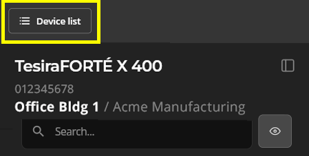 Top left of the Command screen with the Device list button highlighted