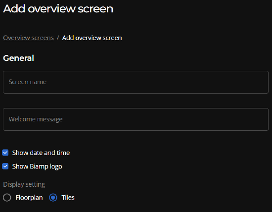 The general settings panel for creating an Overview screen.