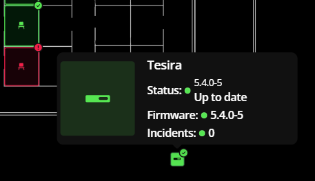 A hover message showing a Tesira AV device in green, indicating no errors have been logged.