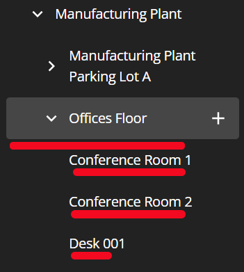 A close-up of an organization's location hierarchy showing a floor and two rooms, as well as a desk, directly beneath the floor. These rooms and the desk will be available to place on a plan map for that office floor.