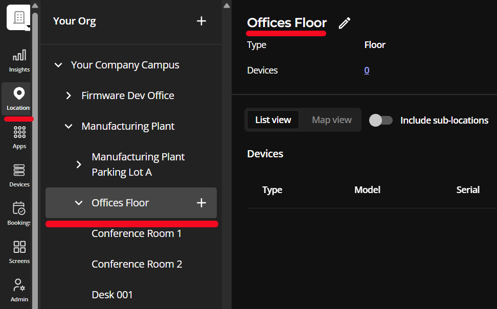 A floor-location page as seen in an organization's admin console on the admin portal.