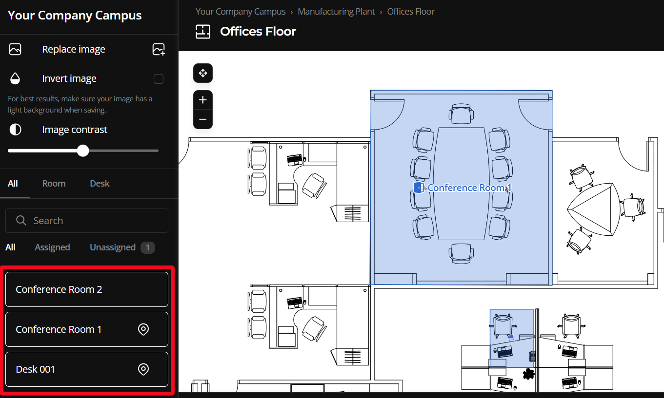 The edit map screen with selectable booking space options highlighted. Conference Room 1 and Desk 001 have been added to the plan and are visible as labeled blue areas.