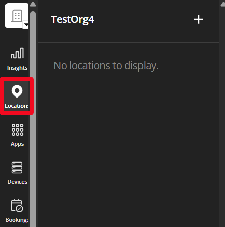 The Locations tab highlighted in the navigation ribbon of an empty example organization.
