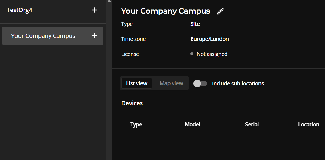 The locations hierarchy pane and location page showing the new Your Company Campus site location.