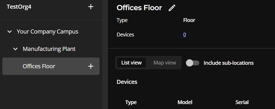 The Offices Floor visible in the organization location hierarchy for the Your Company Campus site.