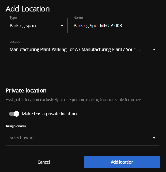 The Add location parking space form.