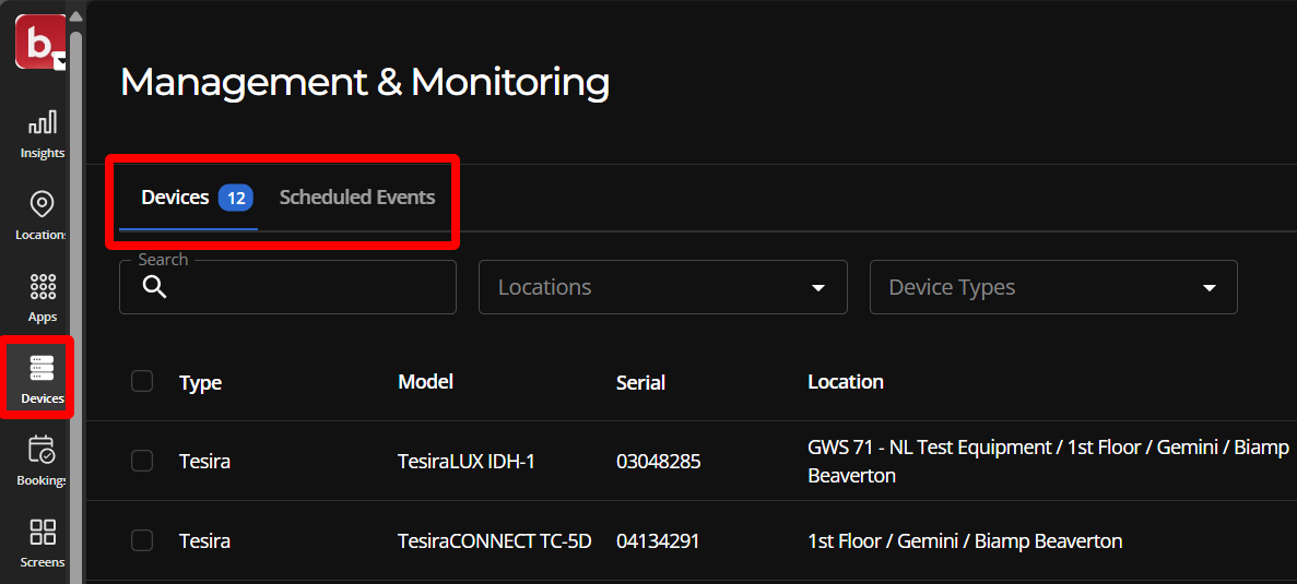 The devices page with a callout highlighting the Devices and Scheduled events tabs.