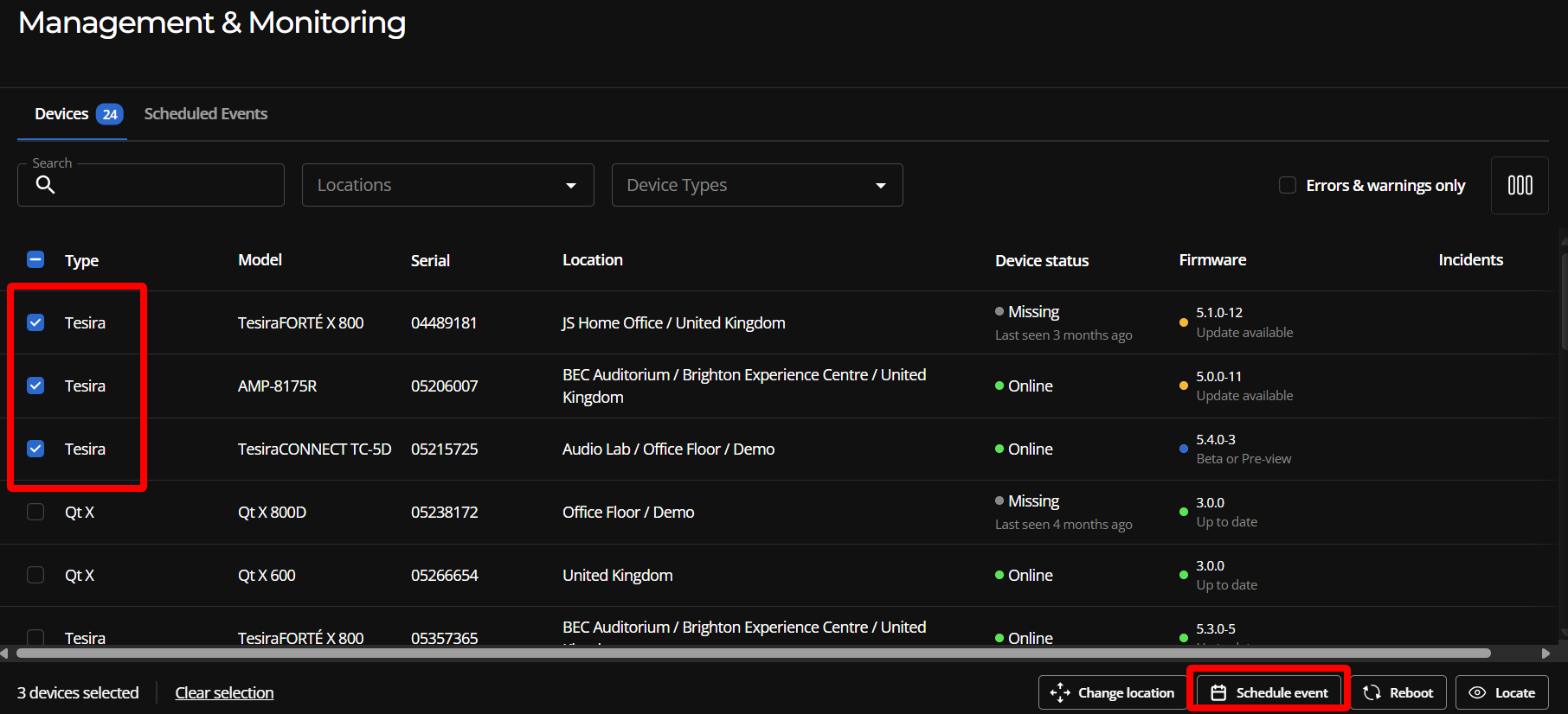 The Devices tab of the Devices page, with three Tesira AV devices selected, and a red callout around the Create a scheduled event button.