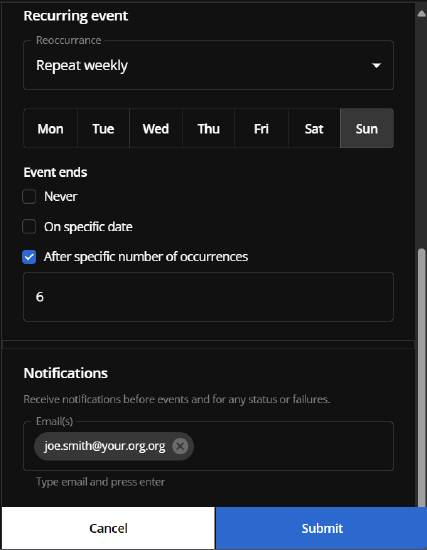 A second example of a filled-out scheduled event form for a recurring event. This the bottom half of the form.