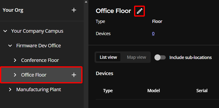 The locations page of a sample organization with a floor location selected and a red callout around the edit icon.
