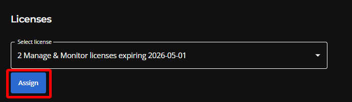 The Select license drop down menu with 2 manage and monitor licenses selected. The Assign button is blue, indicating it is active and ready to assign a license.