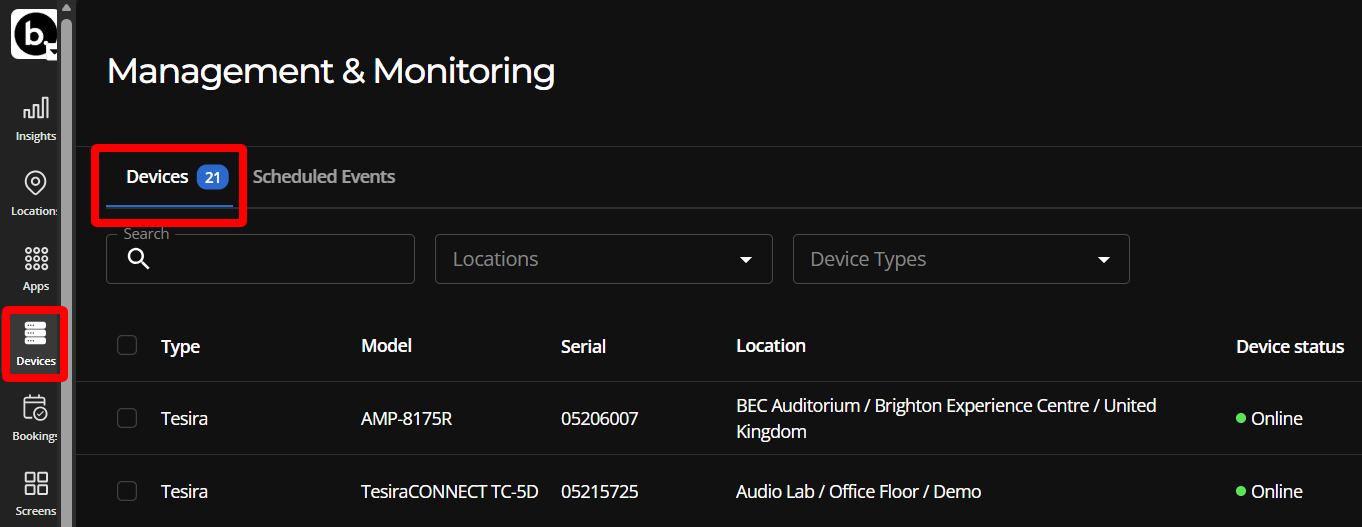 A sample organization's admin console with red callouts around the Devices button in the navigation ribbon and the Devices tab on the Devices page.
