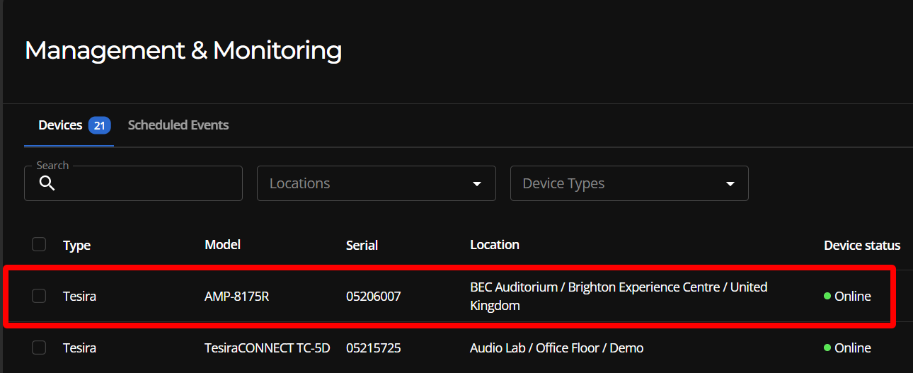 The Devices page with a red callout around a device's row, indicating where to double click or tap to open that device's page.