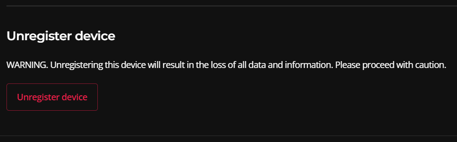 The Unregister device section of the device's page, with the red Unregister device button.