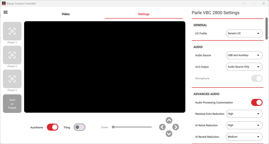 Biamp Camera Controller - Settings