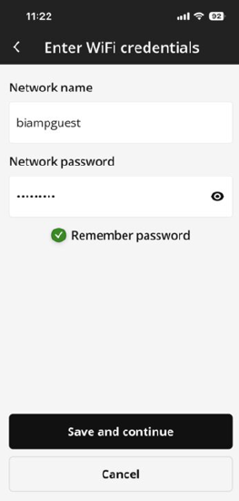 The app's screen for entering the network name and password.